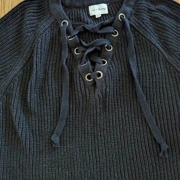Love + Harmony V-Neck Long Sleeve Lace Up Sweater Cable Knit Black XS/S - Picture 7 of 9